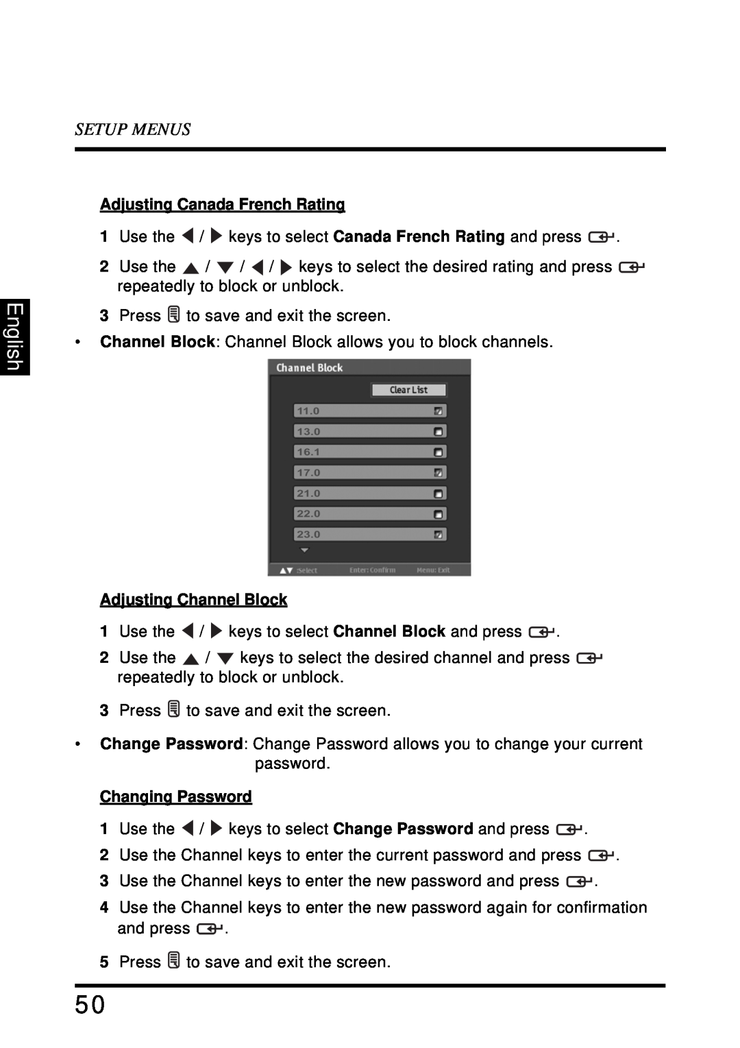 Westinghouse LD-4680 English, Setup Menus, Adjusting Canada French Rating, Adjusting Channel Block, Changing Password 