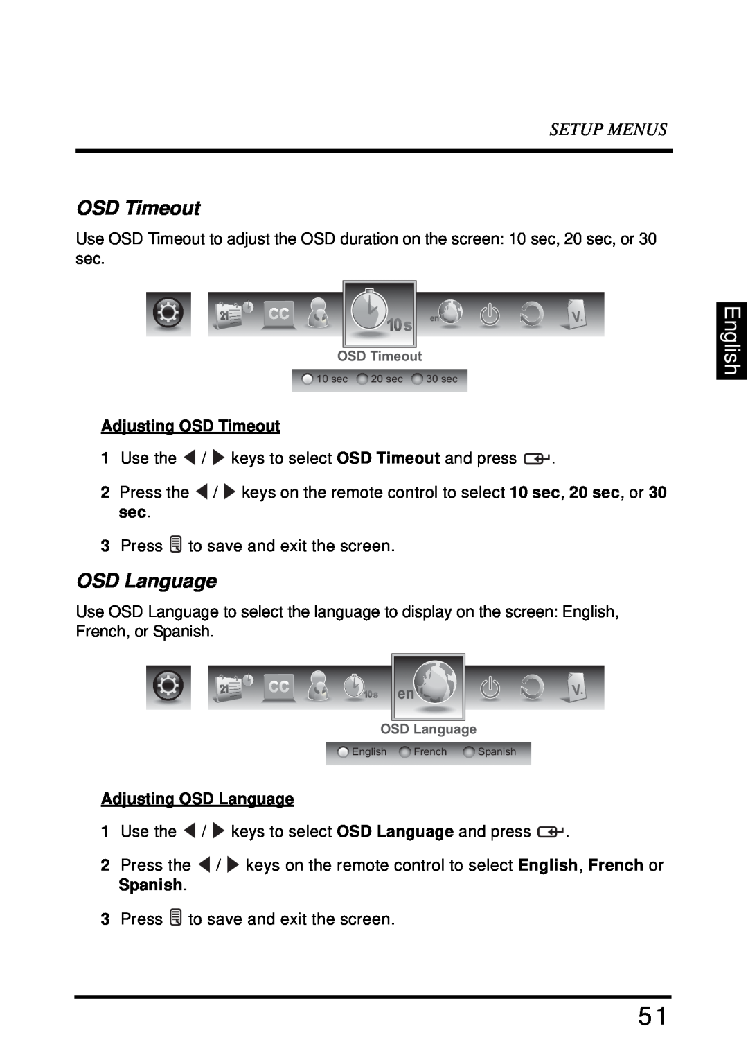 Westinghouse LD-4680 user manual English, Setup Menus, Adjusting OSD Timeout, Adjusting OSD Language 