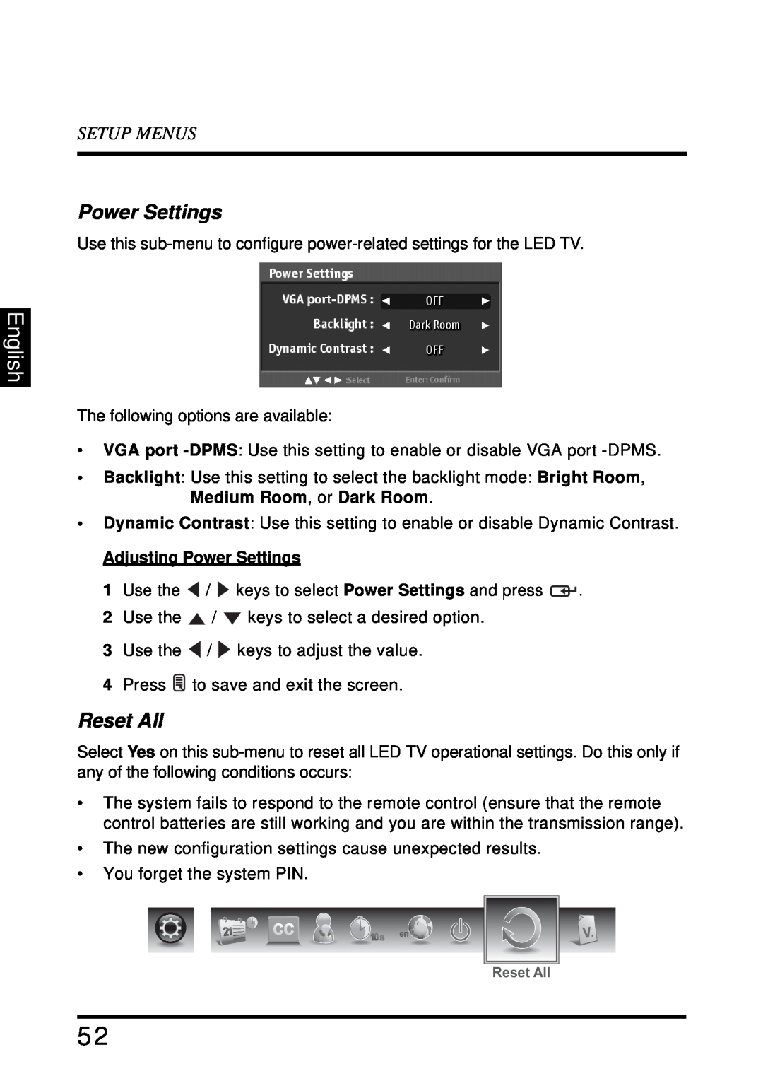 Westinghouse LD-4680 user manual Reset All, English, Setup Menus, Adjusting Power Settings 