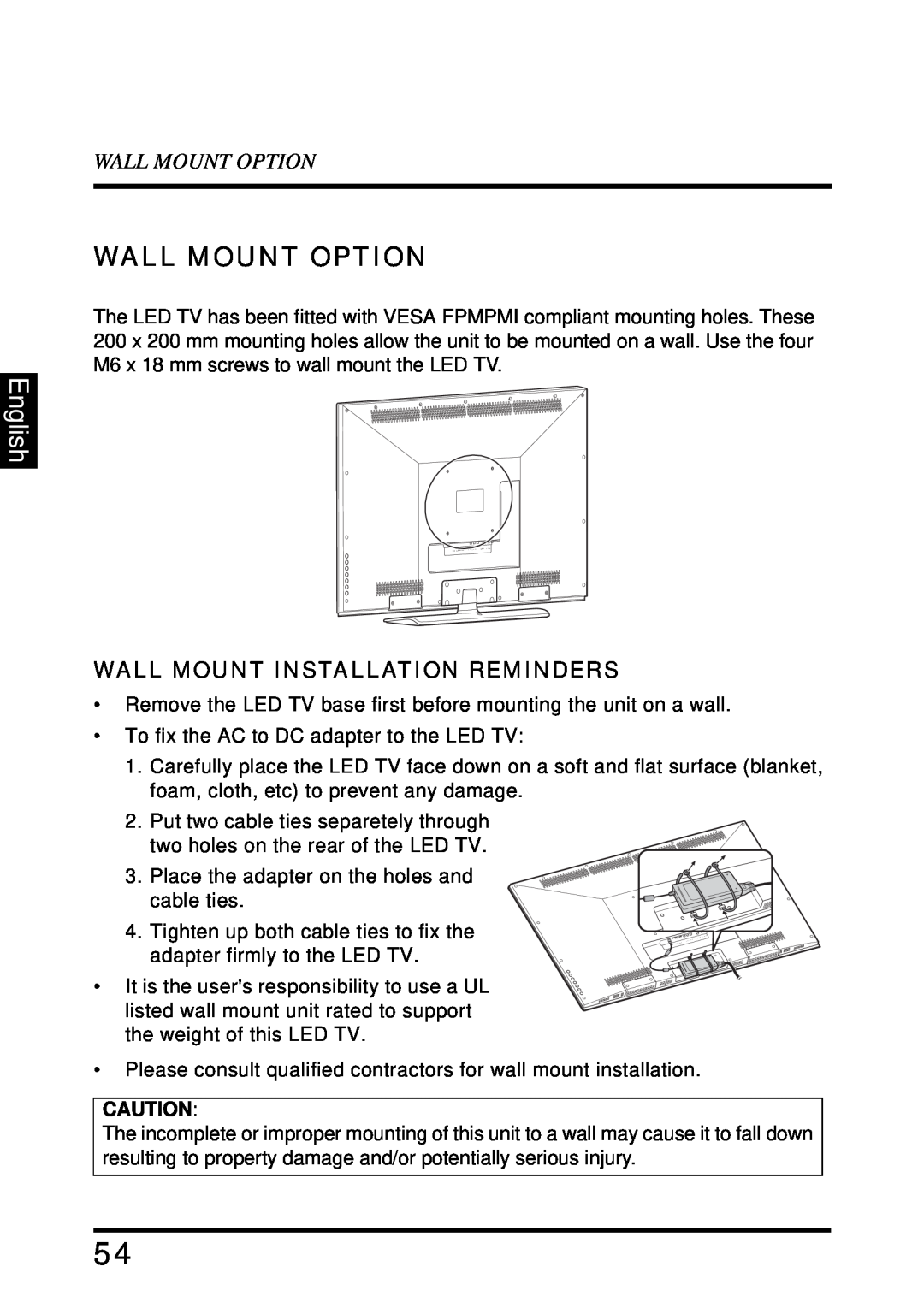 Westinghouse LD-4680 user manual Wall Mount Option, English, Wall Mount Installation Reminders 