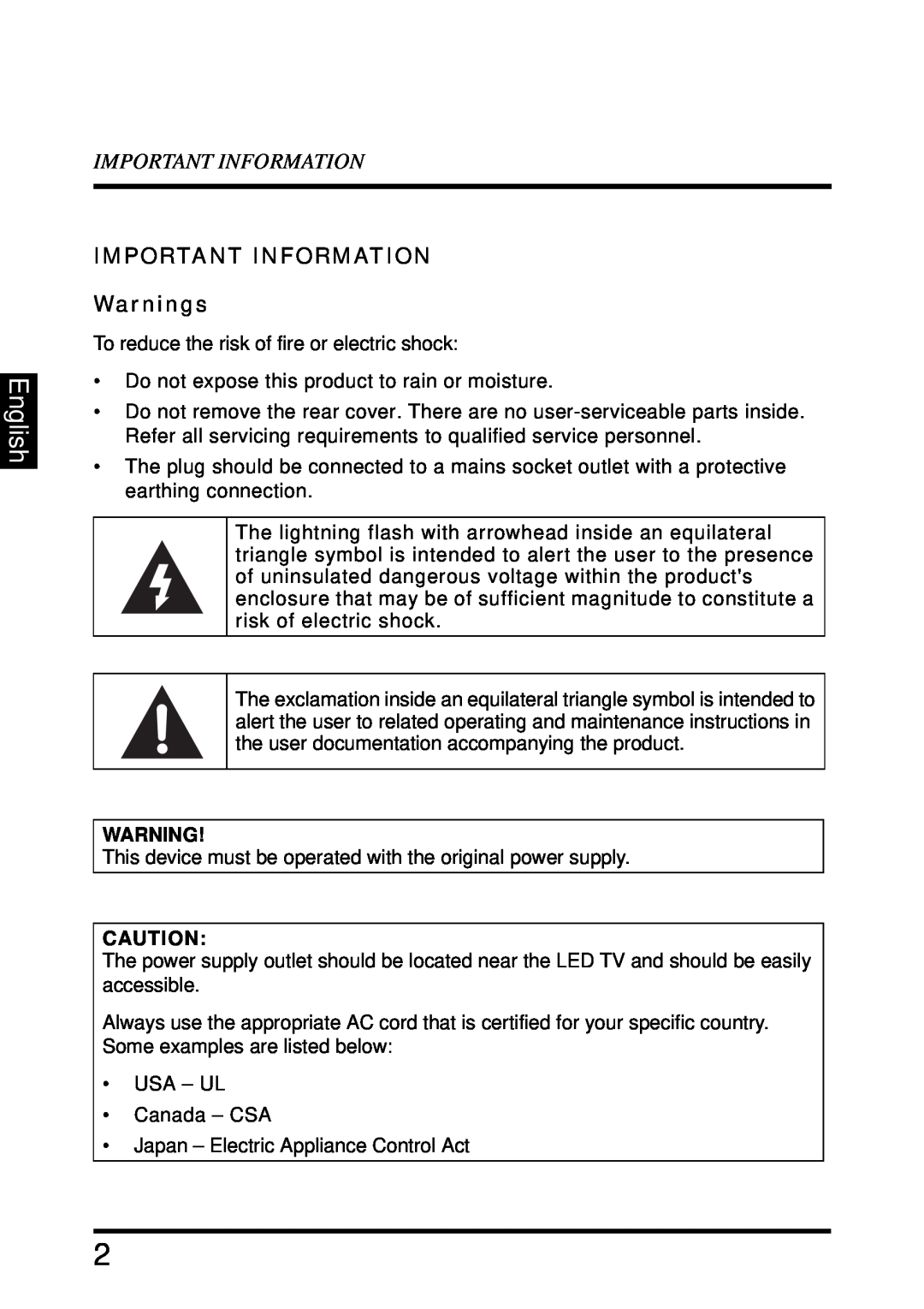 Westinghouse LD-4680 user manual English, Important Information, IMPORTANT INFORMATION Warnings 
