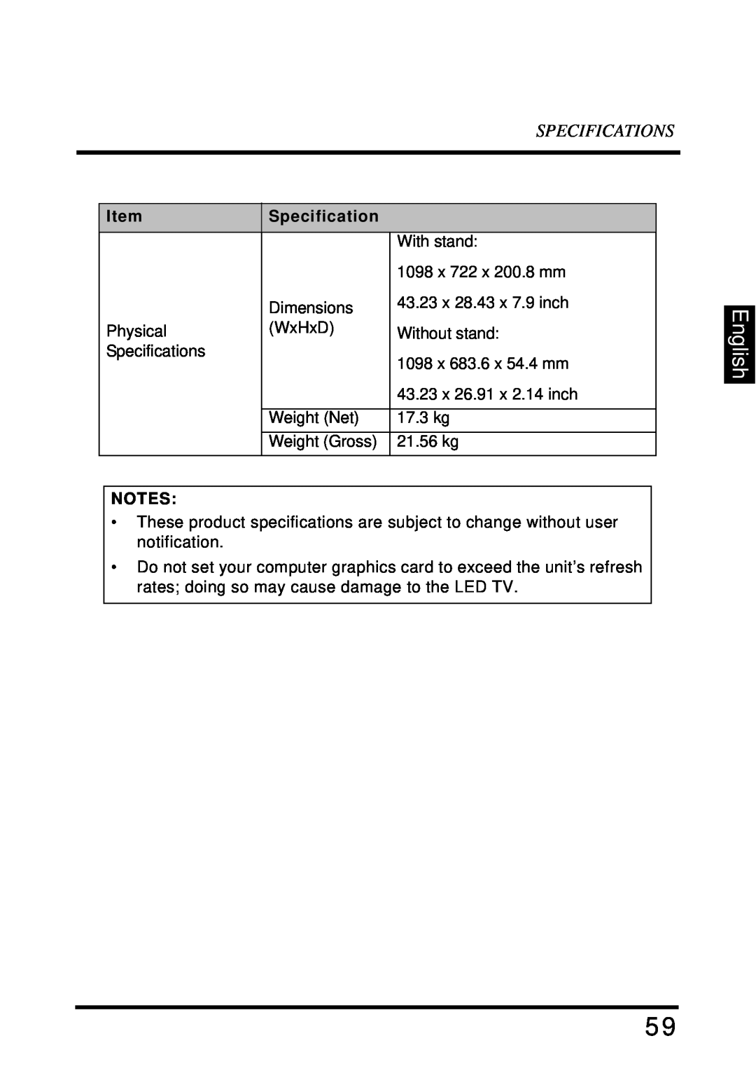 Westinghouse LD-4680 user manual English, Specifications, With stand 