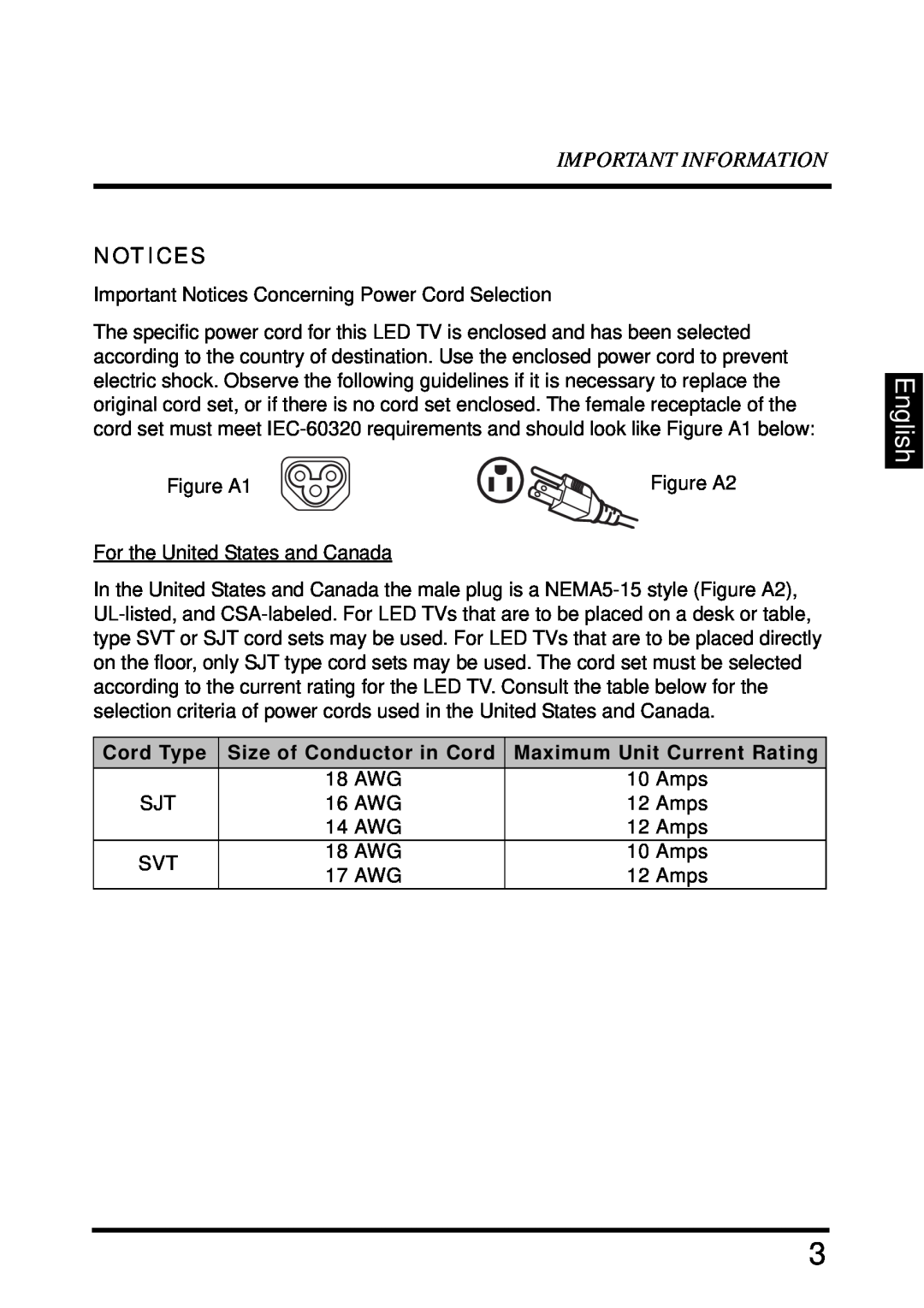 Westinghouse LD-4680 user manual English, Important Information, Notices, Cord Type, Size of Conductor in Cord 