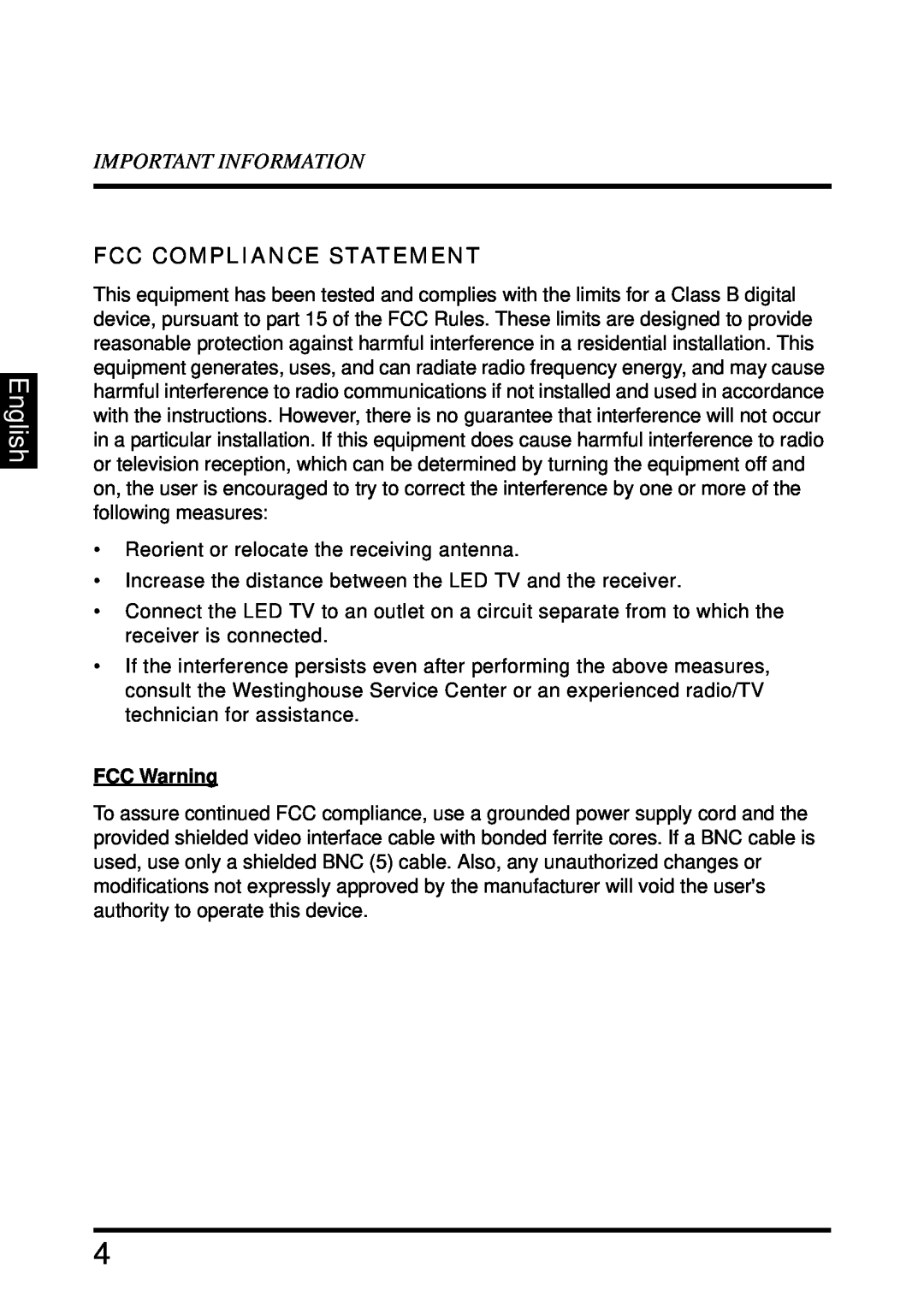 Westinghouse LD-4680 user manual English, Important Information, Fcc Compliance Statement, FCC Warning 