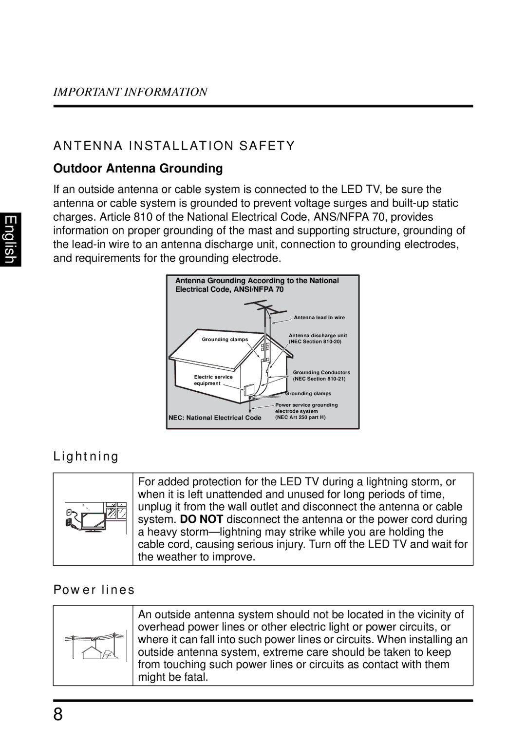 Westinghouse LD-4695 manual Antenna Installation Safety, Outdoor Antenna Grounding 