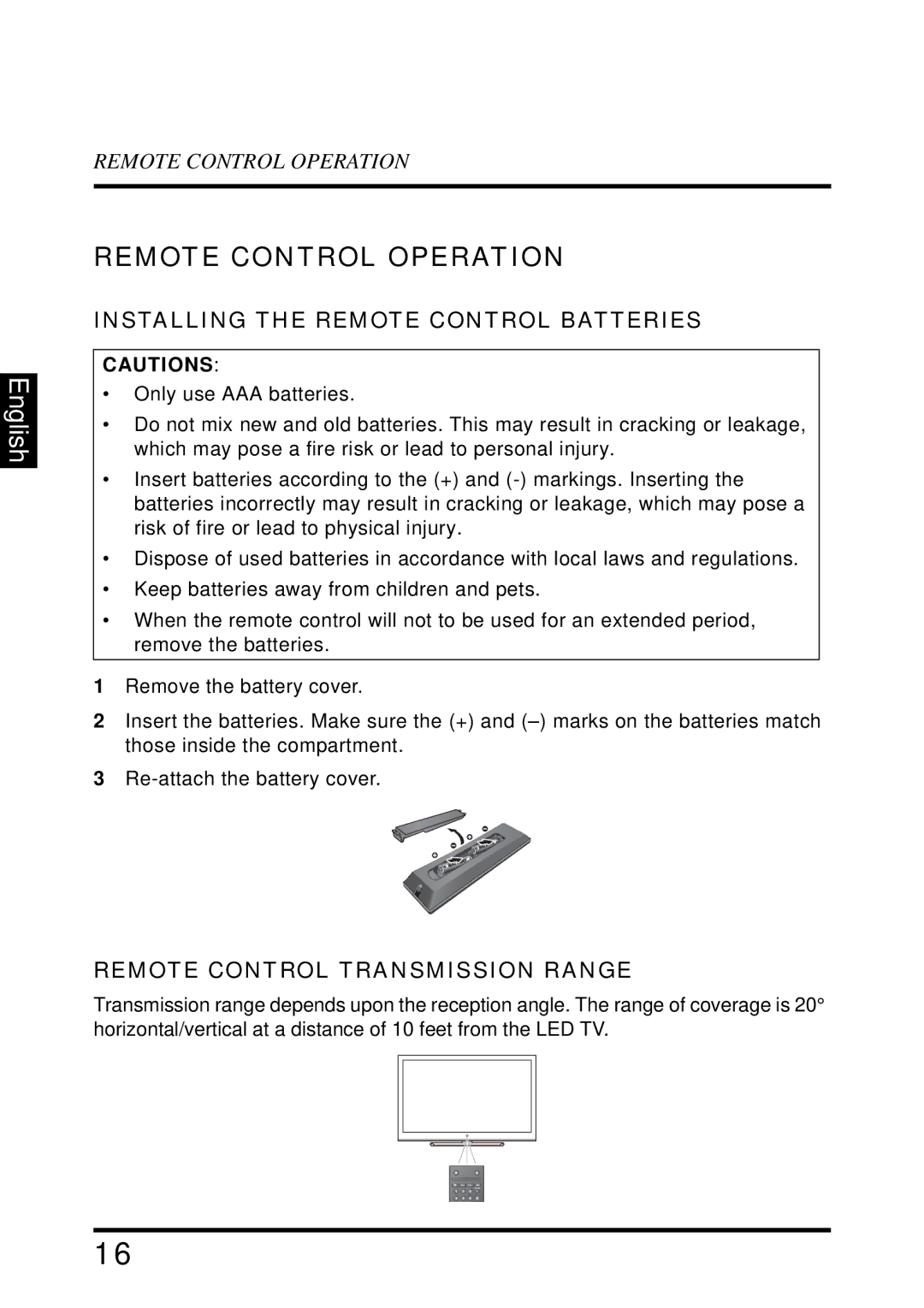 Westinghouse LD-4695 Remote Control Operation, Installing the Remote Control Batteries, Remote Control Transmission Range 