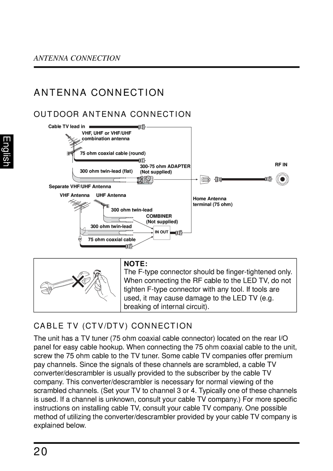 Westinghouse LD-4695 manual Outdoor Antenna Connection, Cable TV CTV/DTV Connection 