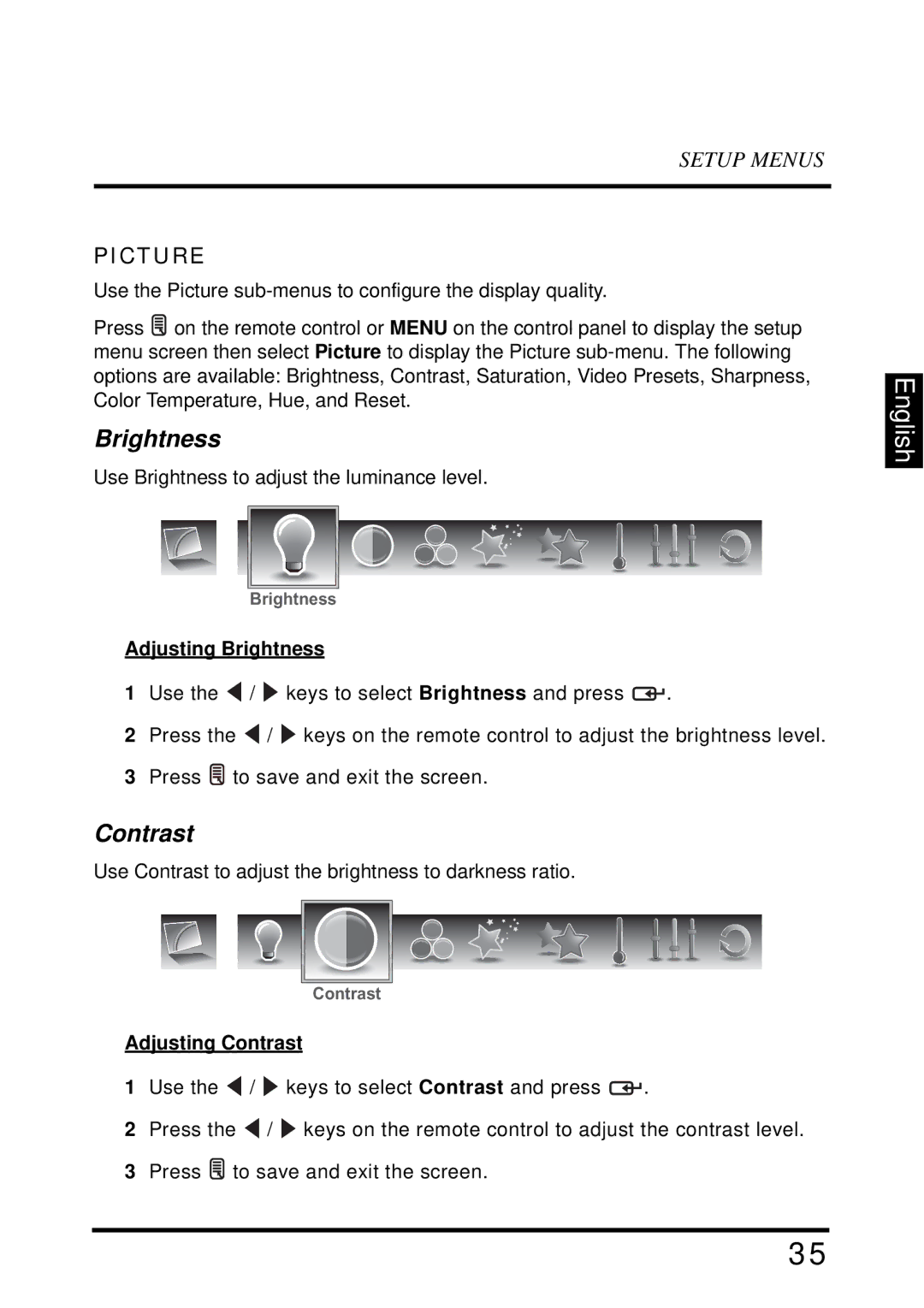 Westinghouse LD-4695 manual Picture, Adjusting Brightness, Adjusting Contrast 