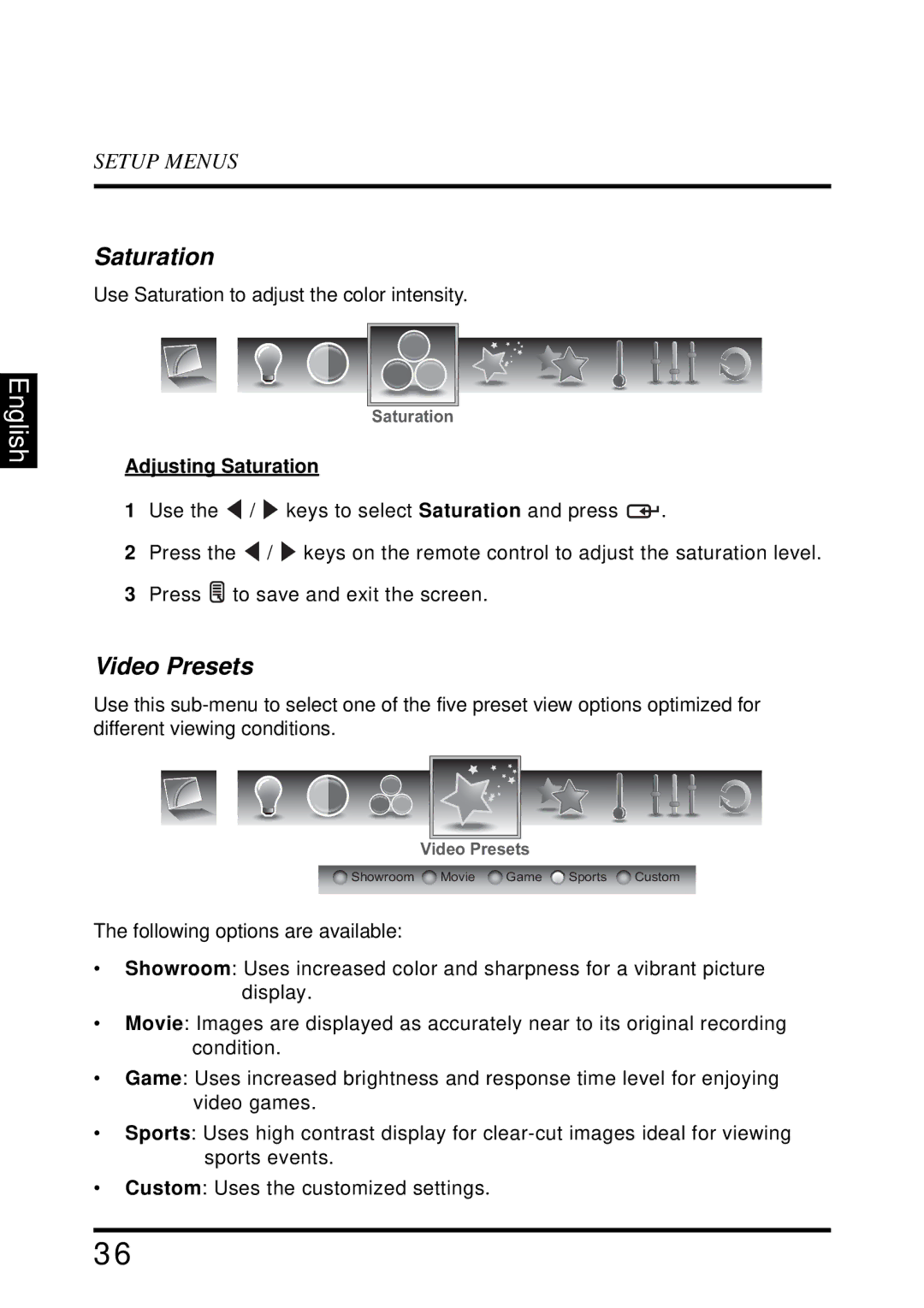 Westinghouse LD-4695 manual Video Presets, Adjusting Saturation 