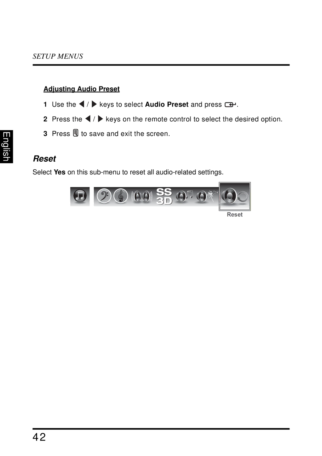 Westinghouse LD-4695 manual Reset, Adjusting Audio Preset 