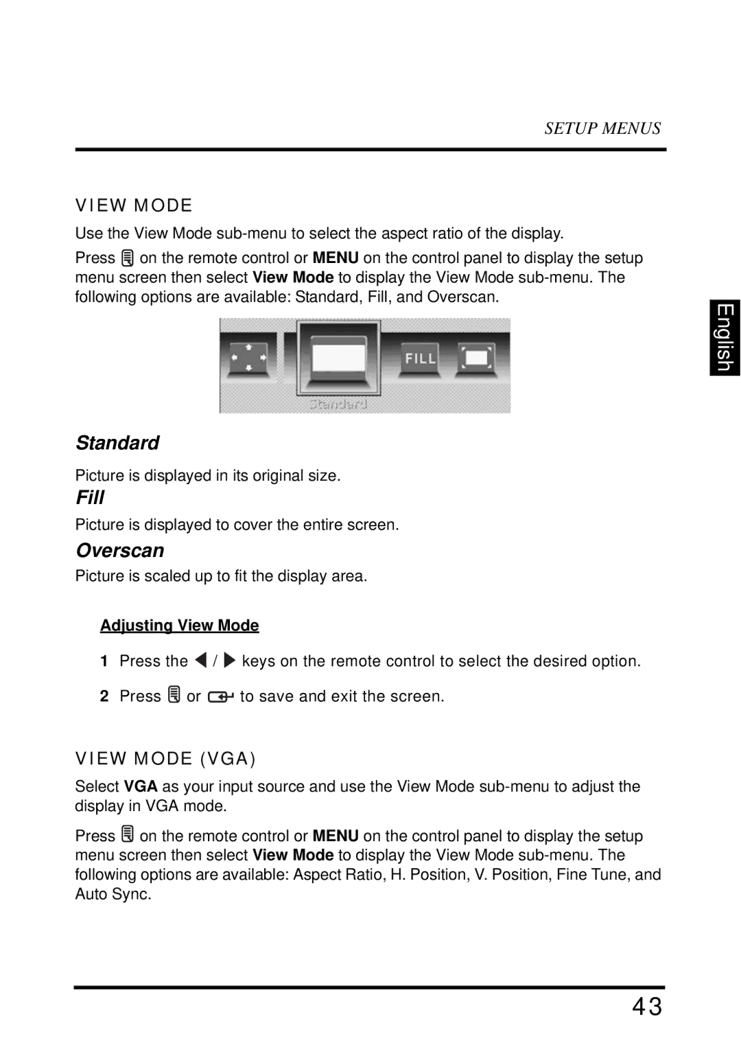 Westinghouse LD-4695 manual Standard, Fill, Overscan, View Mode VGA 