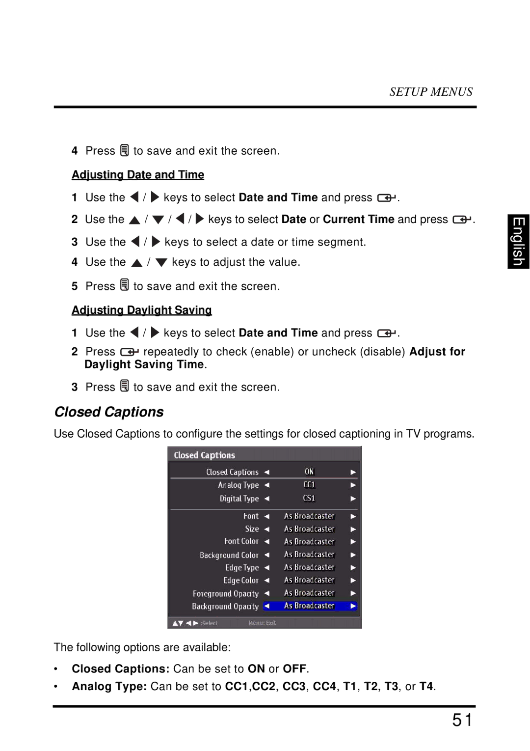 Westinghouse LD-4695 manual Closed Captions, Adjusting Date and Time, Adjusting Daylight Saving 