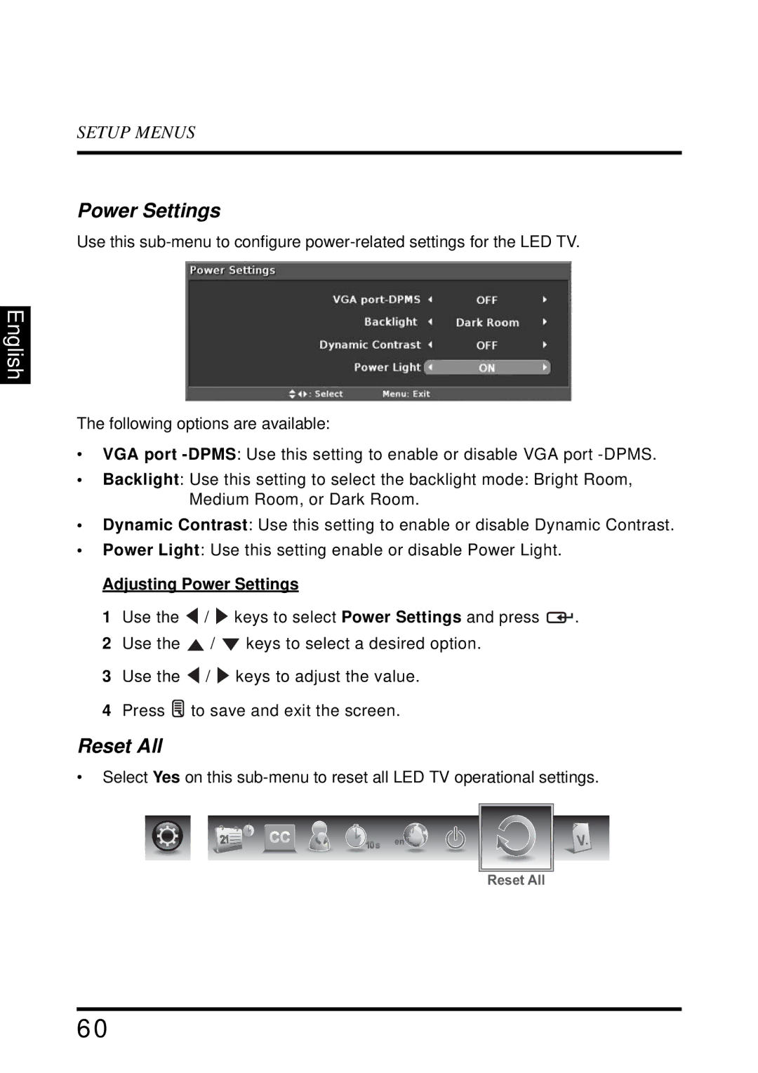 Westinghouse LD-4695 manual Reset All, Adjusting Power Settings 