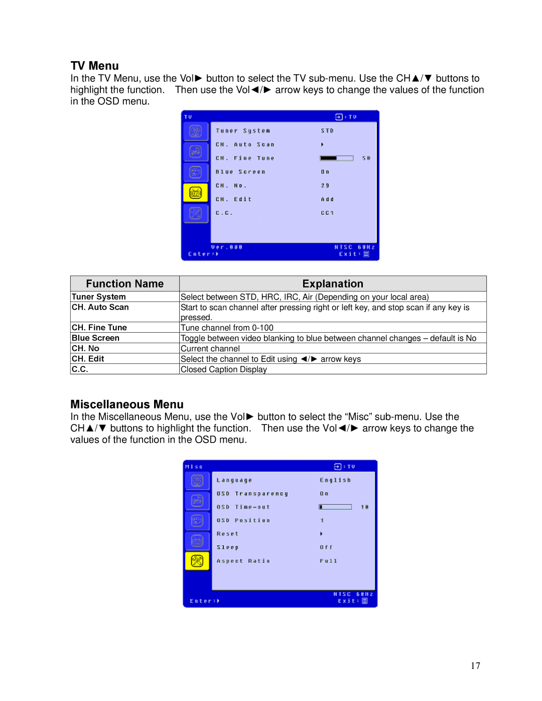 Westinghouse LTV-19w6 user manual TV Menu, Miscellaneous Menu 