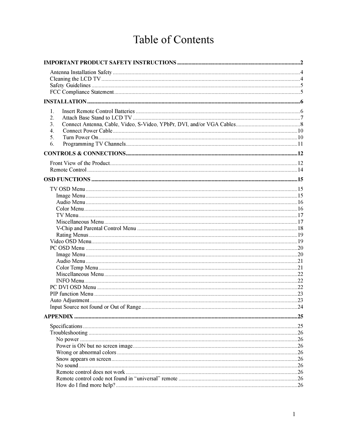 Westinghouse LTV-19w6 user manual Table of Contents 