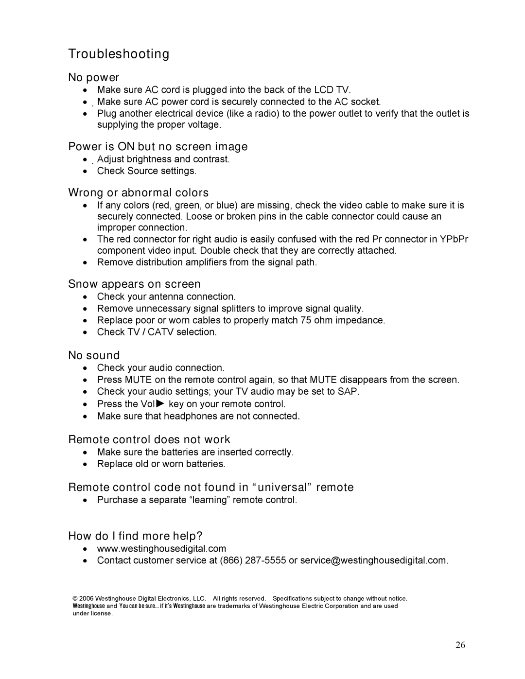 Westinghouse LTV-19w6 user manual Troubleshooting 