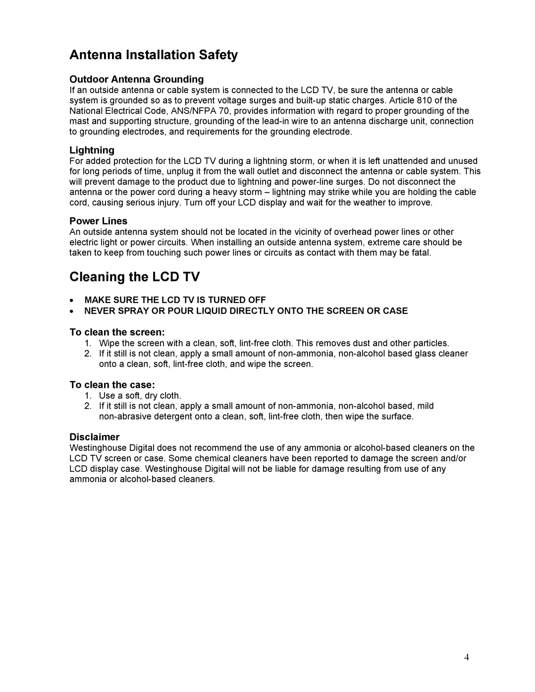 Westinghouse LTV-19w6 user manual Antenna Installation Safety, Cleaning the LCD TV 