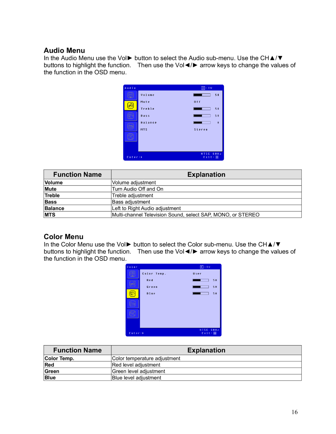 Westinghouse LTV-19w6 user manual Audio Menu, Color Menu 