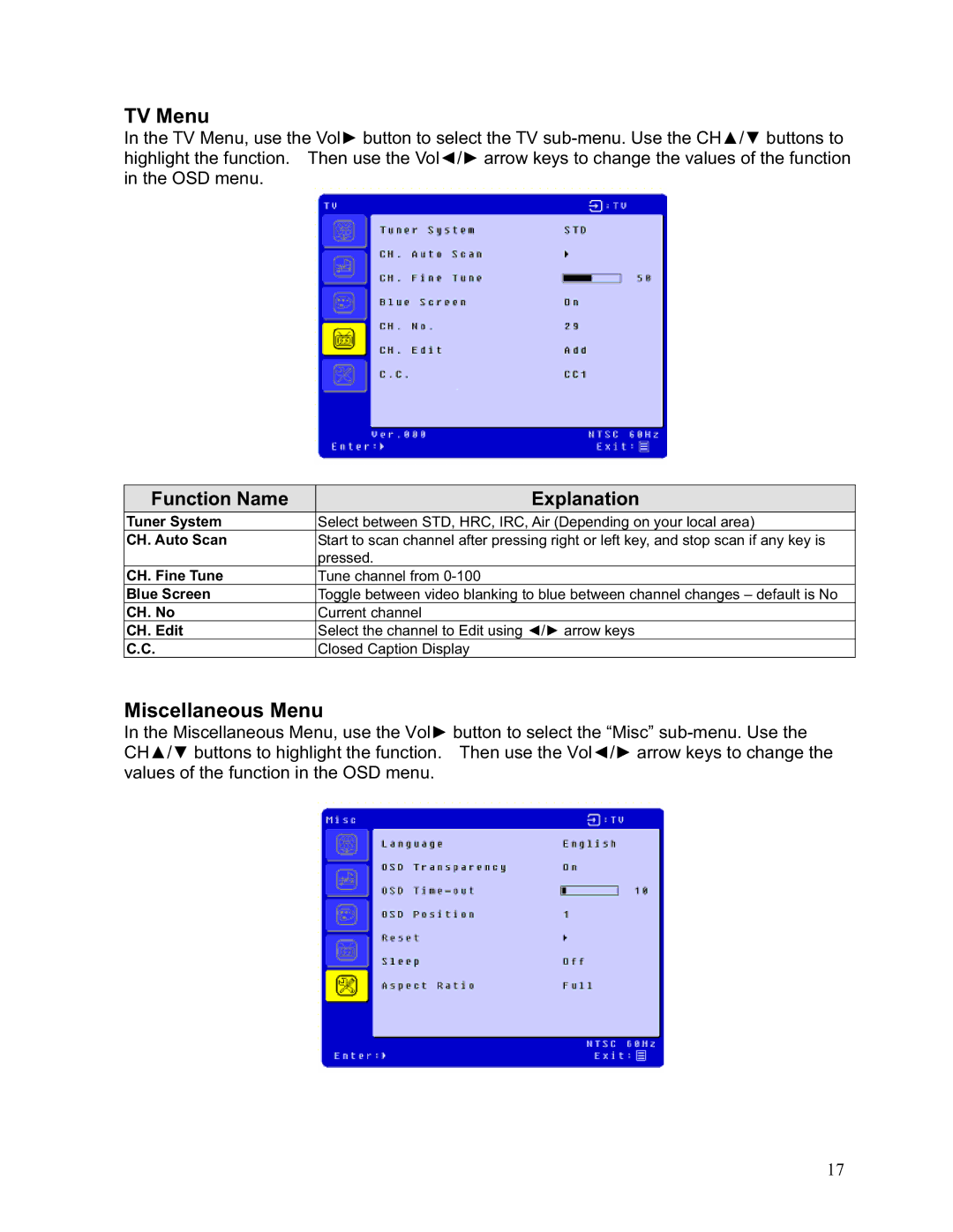 Westinghouse LTV-19w6 user manual TV Menu, Miscellaneous Menu 