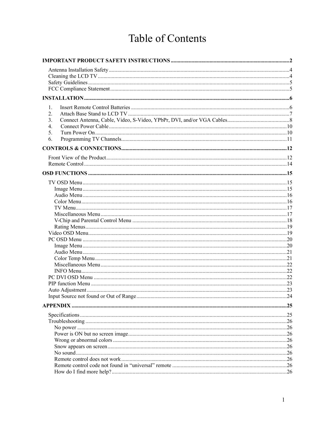 Westinghouse LTV-19w6 user manual Table of Contents 