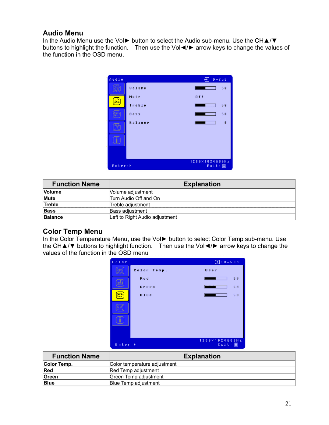 Westinghouse LTV-19w6 user manual Audio Menu, Color Temp Menu 