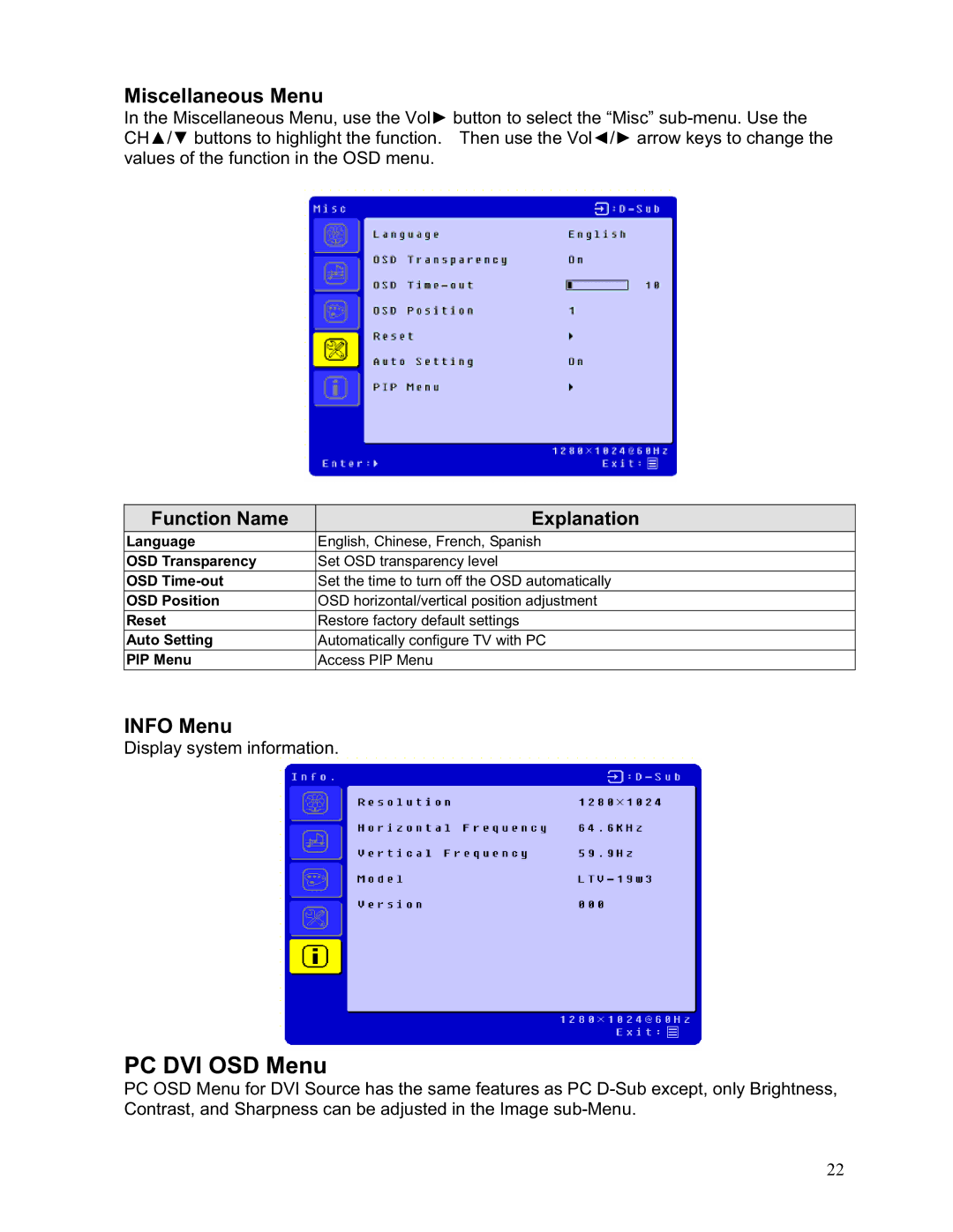 Westinghouse LTV-19w6 user manual PC DVI OSD Menu, Info Menu 