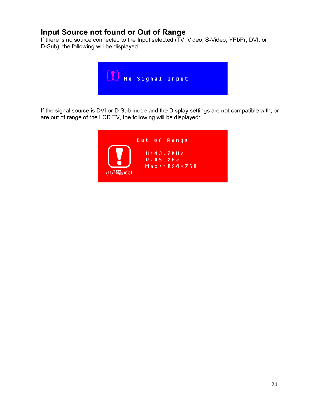 Westinghouse LTV-19w6 user manual Input Source not found or Out of Range 