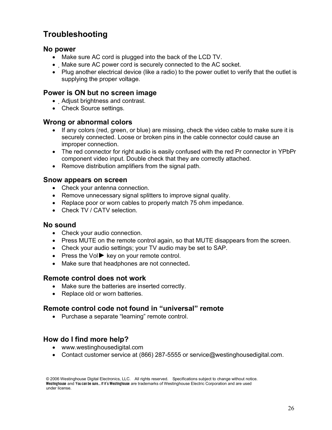 Westinghouse LTV-19w6 user manual Troubleshooting 