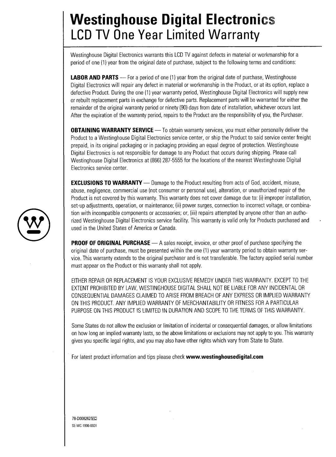 Westinghouse LTV-19w6 user manual 