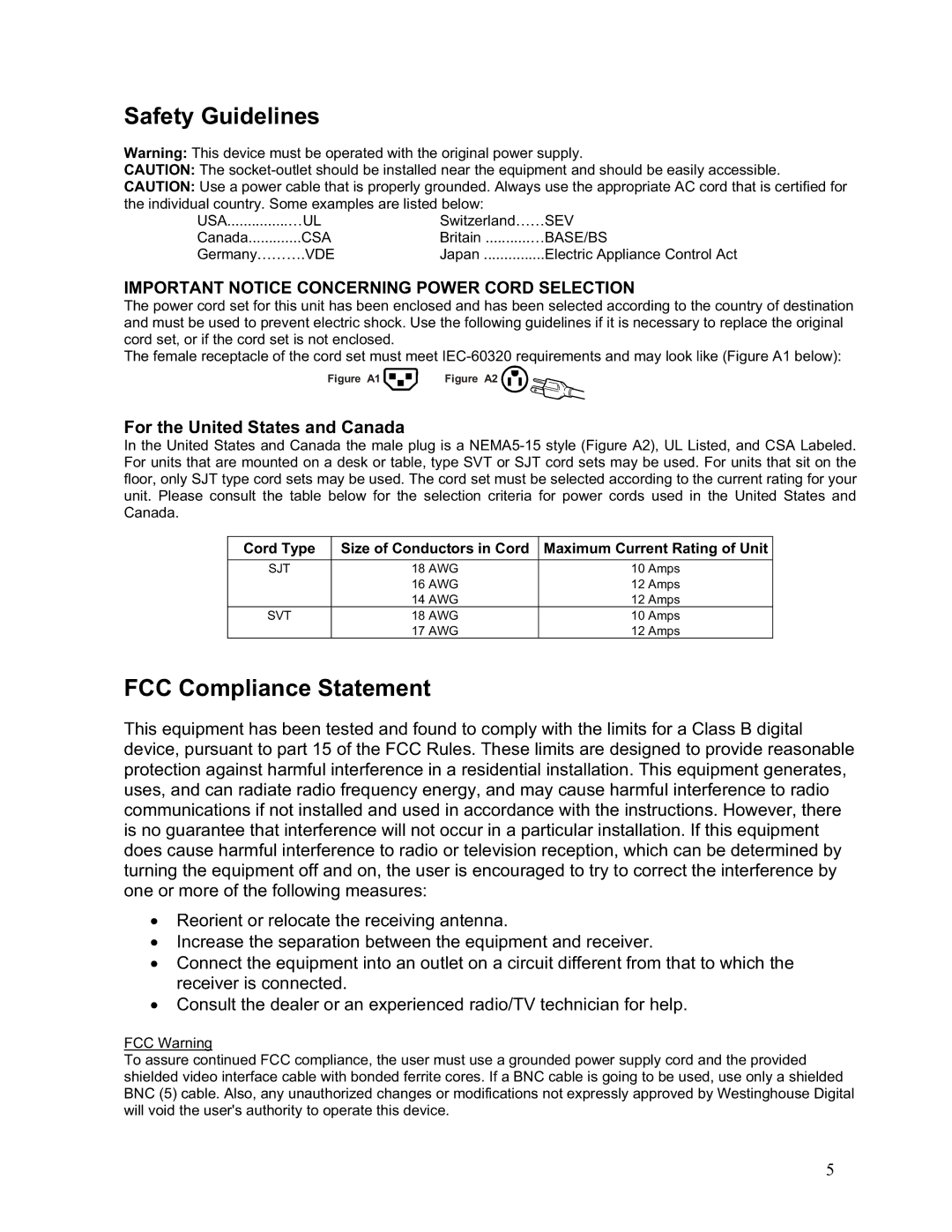 Westinghouse LTV-19w6 user manual Safety Guidelines, FCC Compliance Statement, For the United States and Canada 