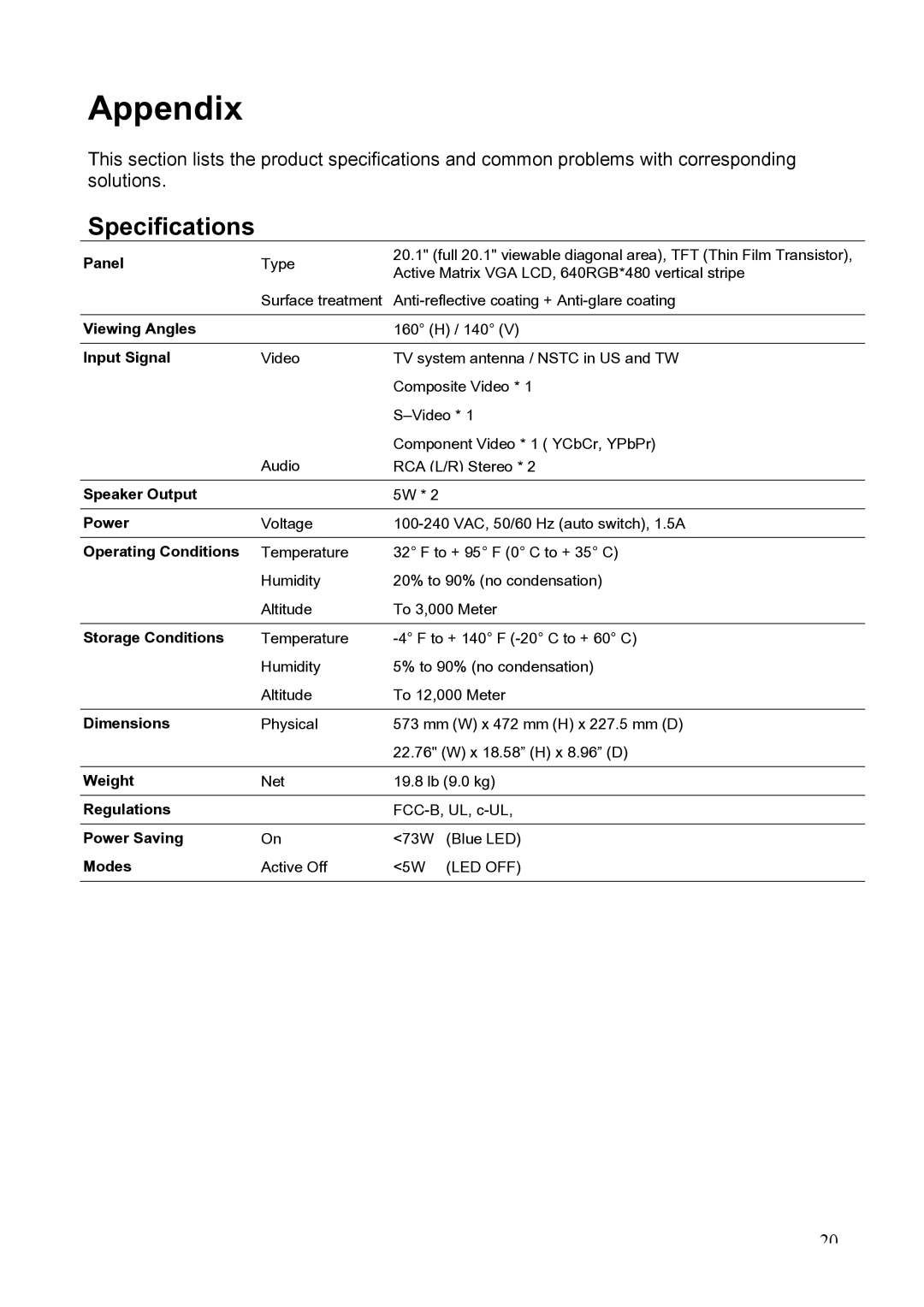 Westinghouse LTV-20v2 manual Appendix, Specifications 