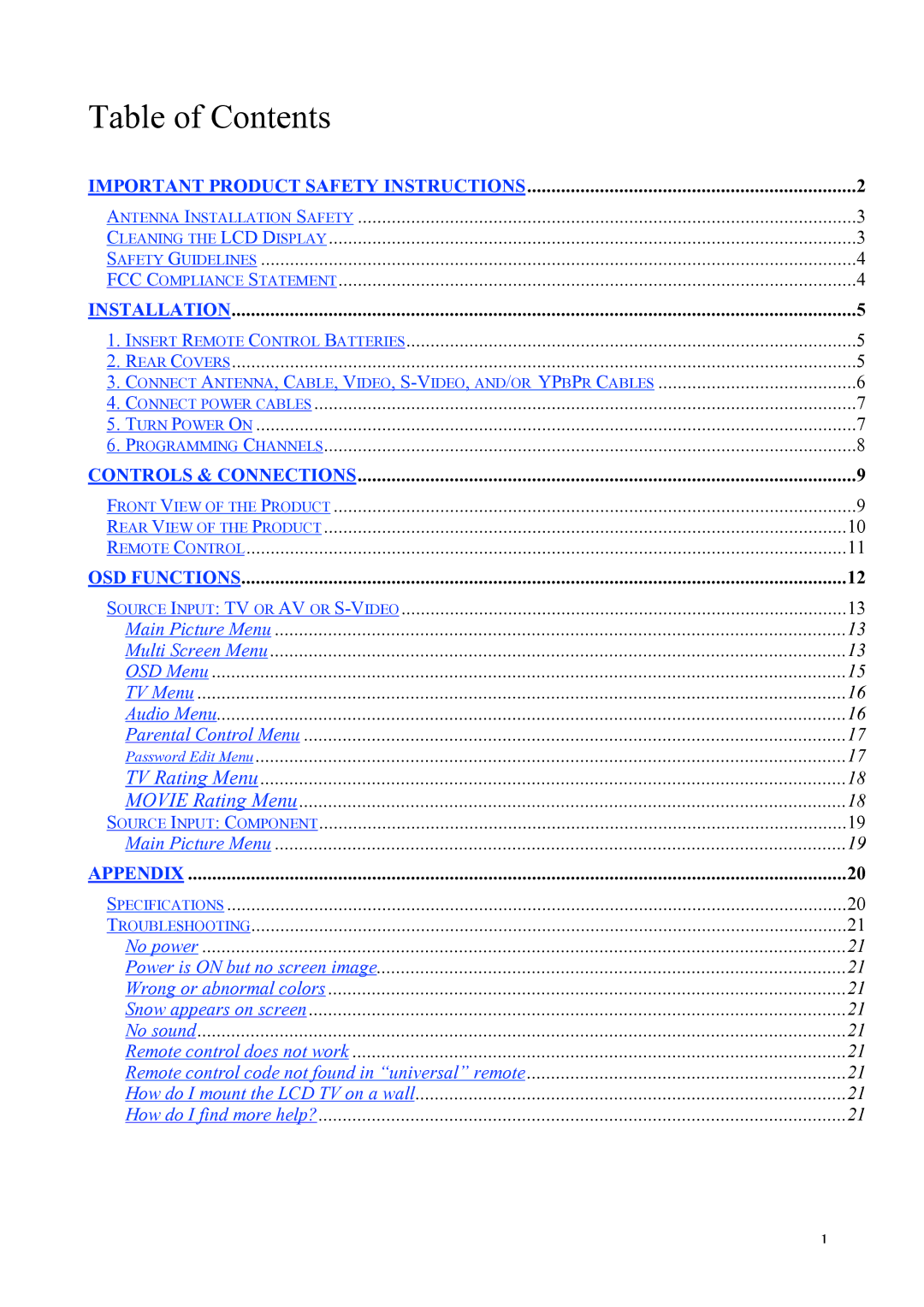 Westinghouse LTV-20v2 manual Table of Contents 