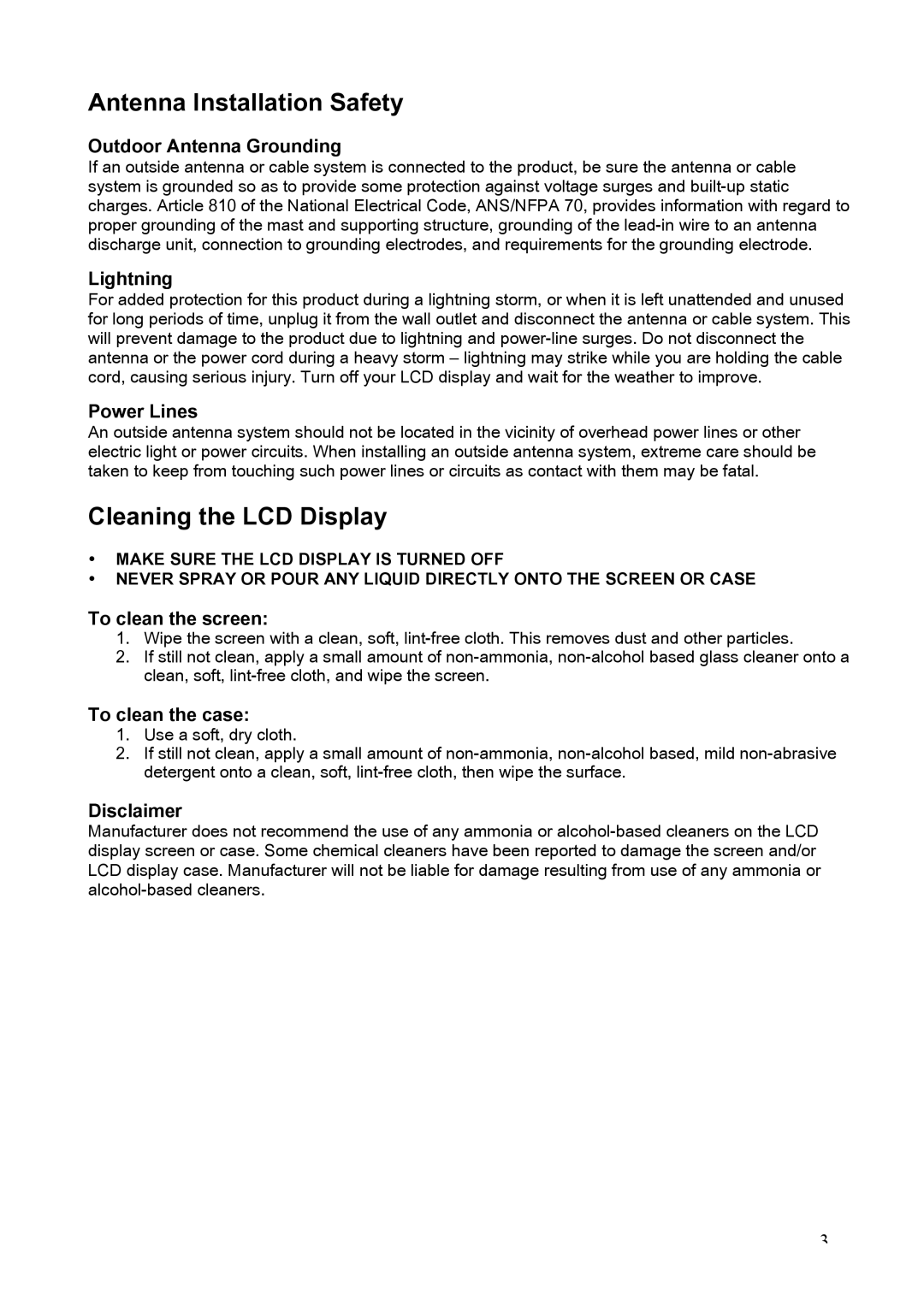 Westinghouse LTV-20v2 manual Antenna Installation Safety, Cleaning the LCD Display 