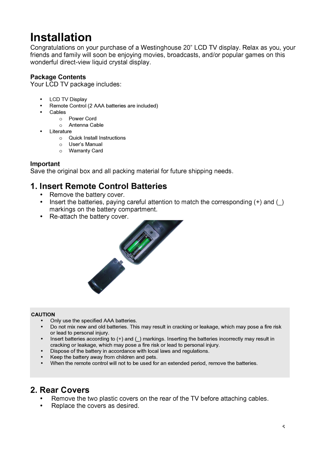 Westinghouse LTV-20v2 manual Installation, Insert Remote Control Batteries, Rear Covers, Package Contents 