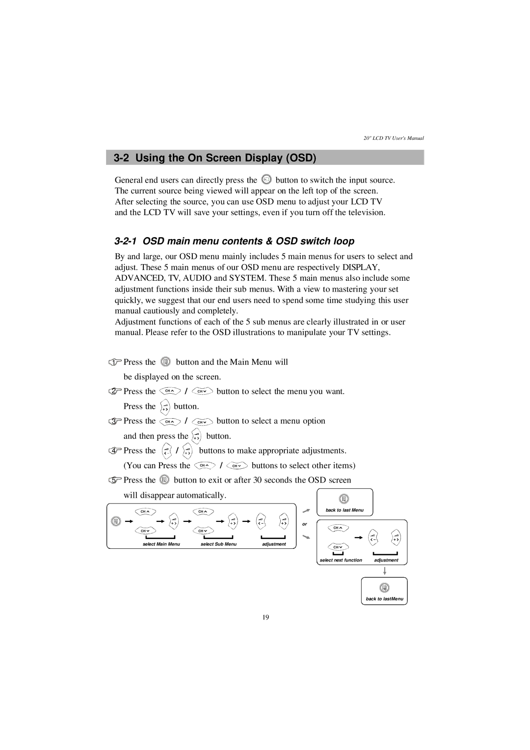 Westinghouse LTV-20v4 manual Using the On Screen Display OSD, OSD main menu contents & OSD switch loop 