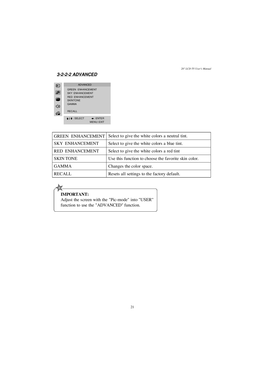 Westinghouse LTV-20v4 manual Advanced 