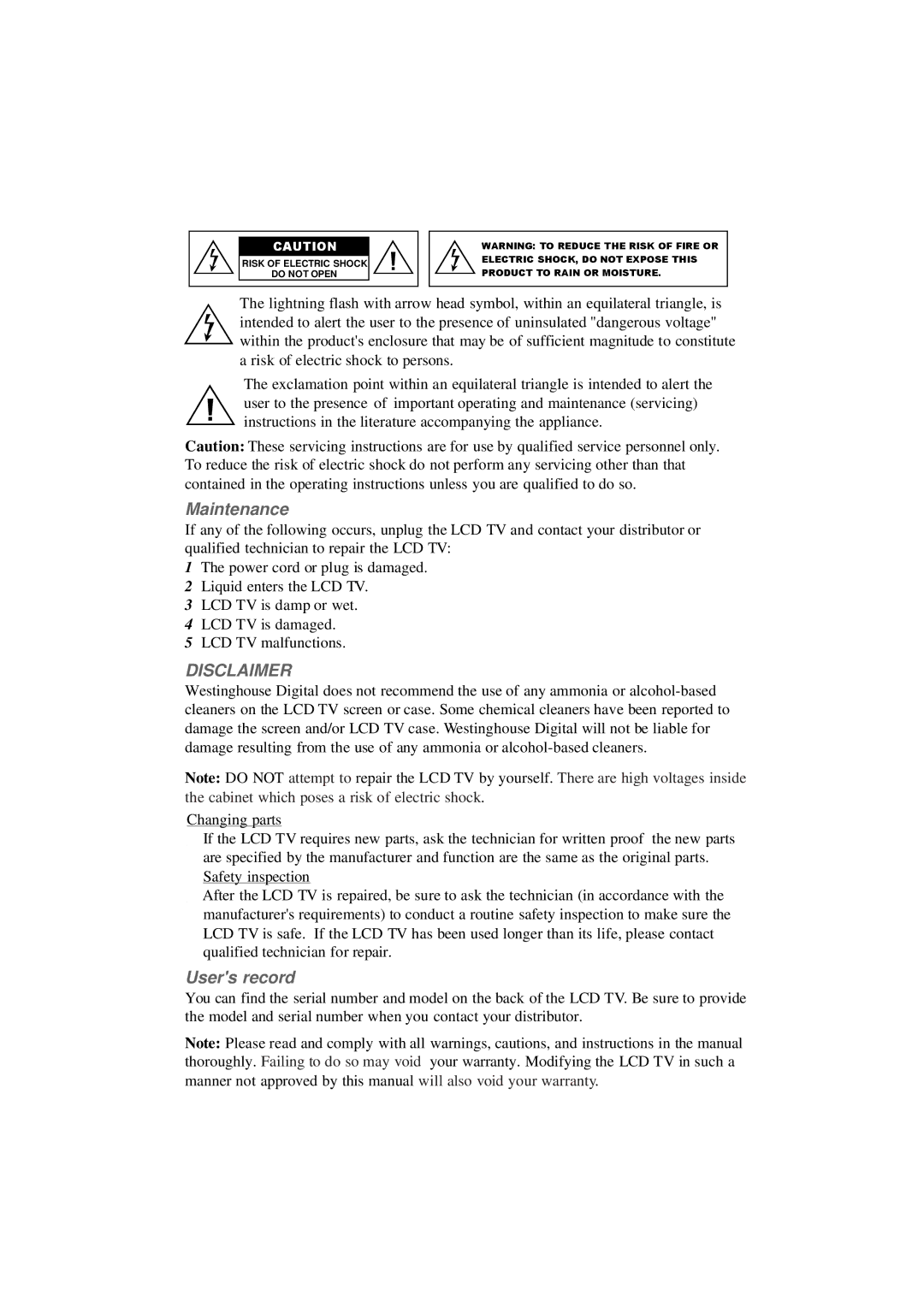 Westinghouse LTV-20v4 manual Disclaimer 