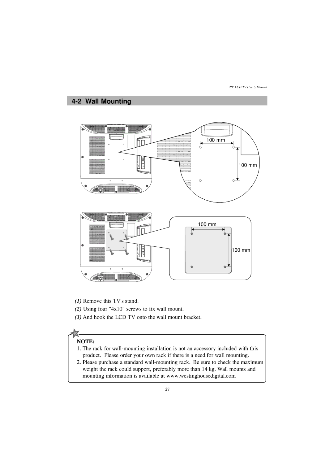 Westinghouse LTV-20v4 manual Wall Mounting 