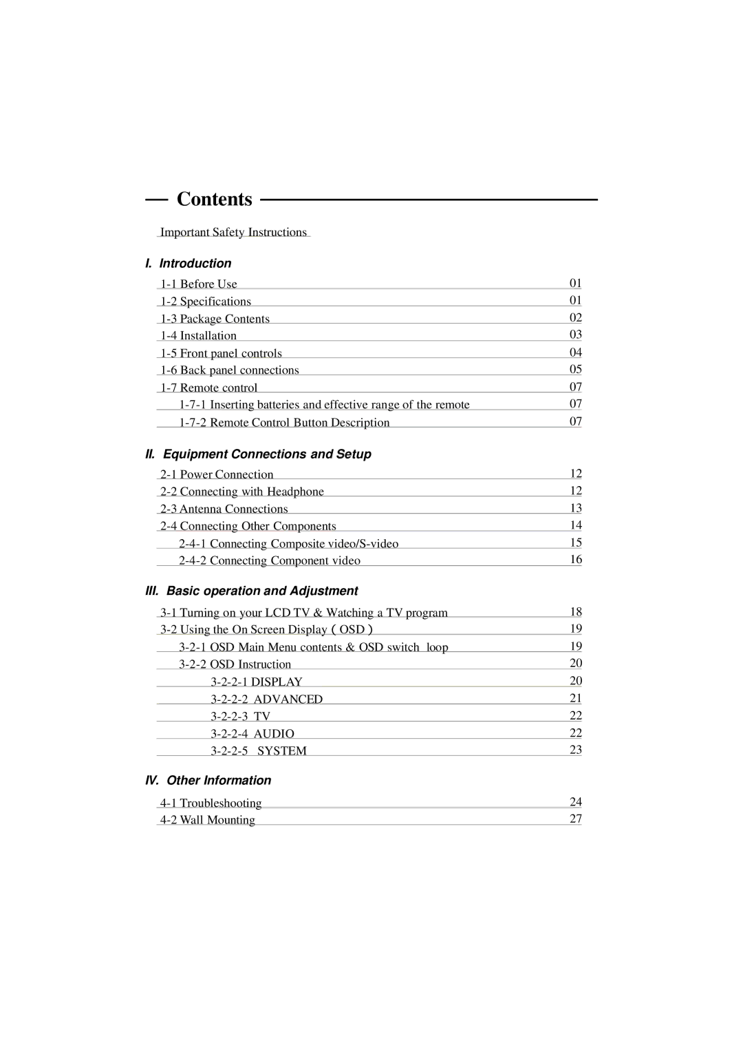 Westinghouse LTV-20v4 manual Contents 