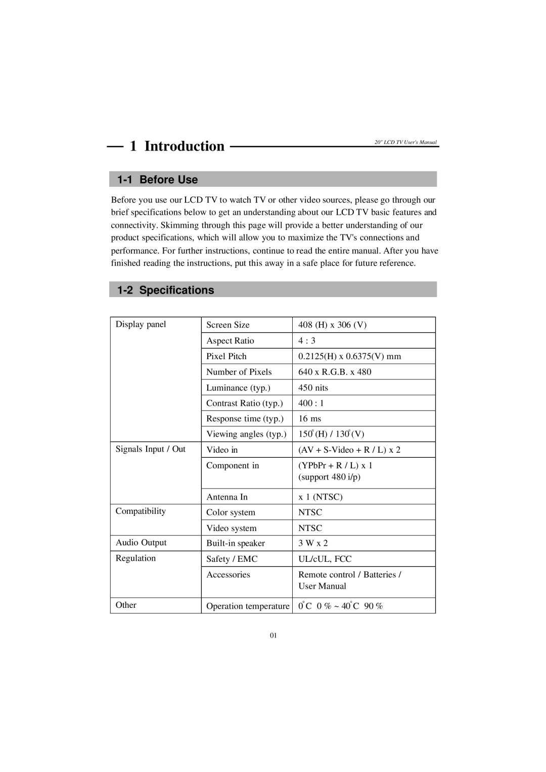 Westinghouse LTV-20v4 manual Before Use, Specifications, Ntsc 