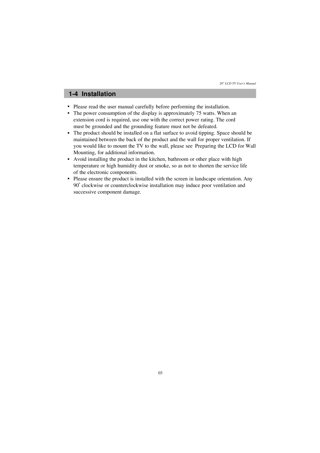 Westinghouse LTV-20v4 manual Installation 