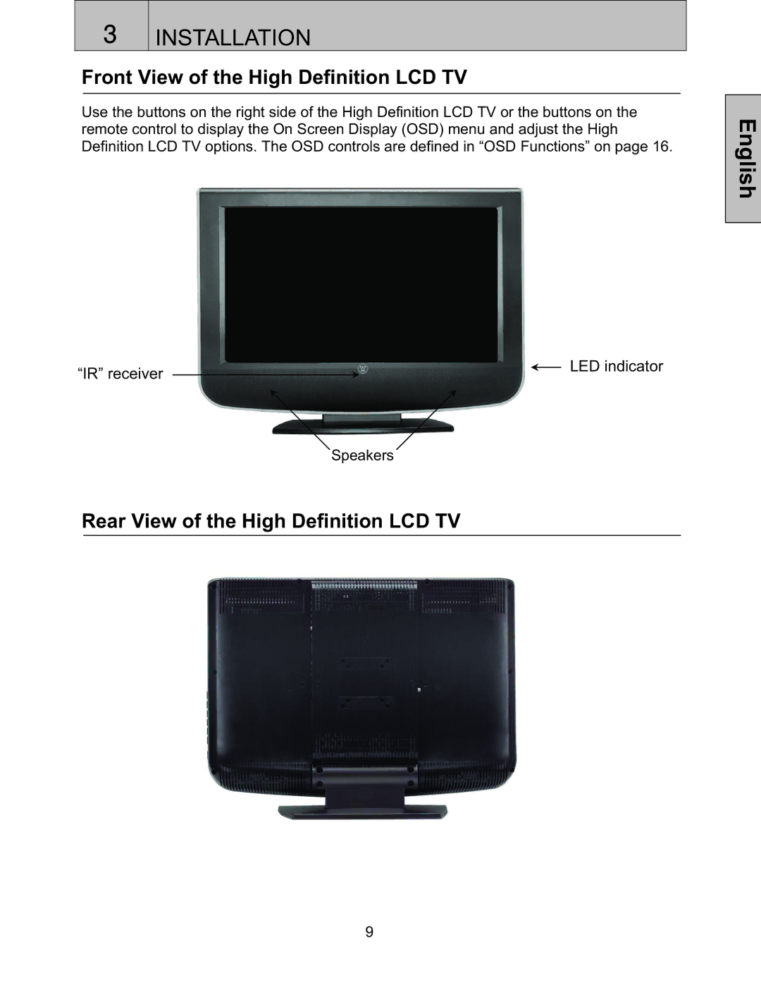 Westinghouse LTV27W6, LTV-27w6 HD Front View of the High Definition LCD TV, Rear View of the High Definition LCD TV 