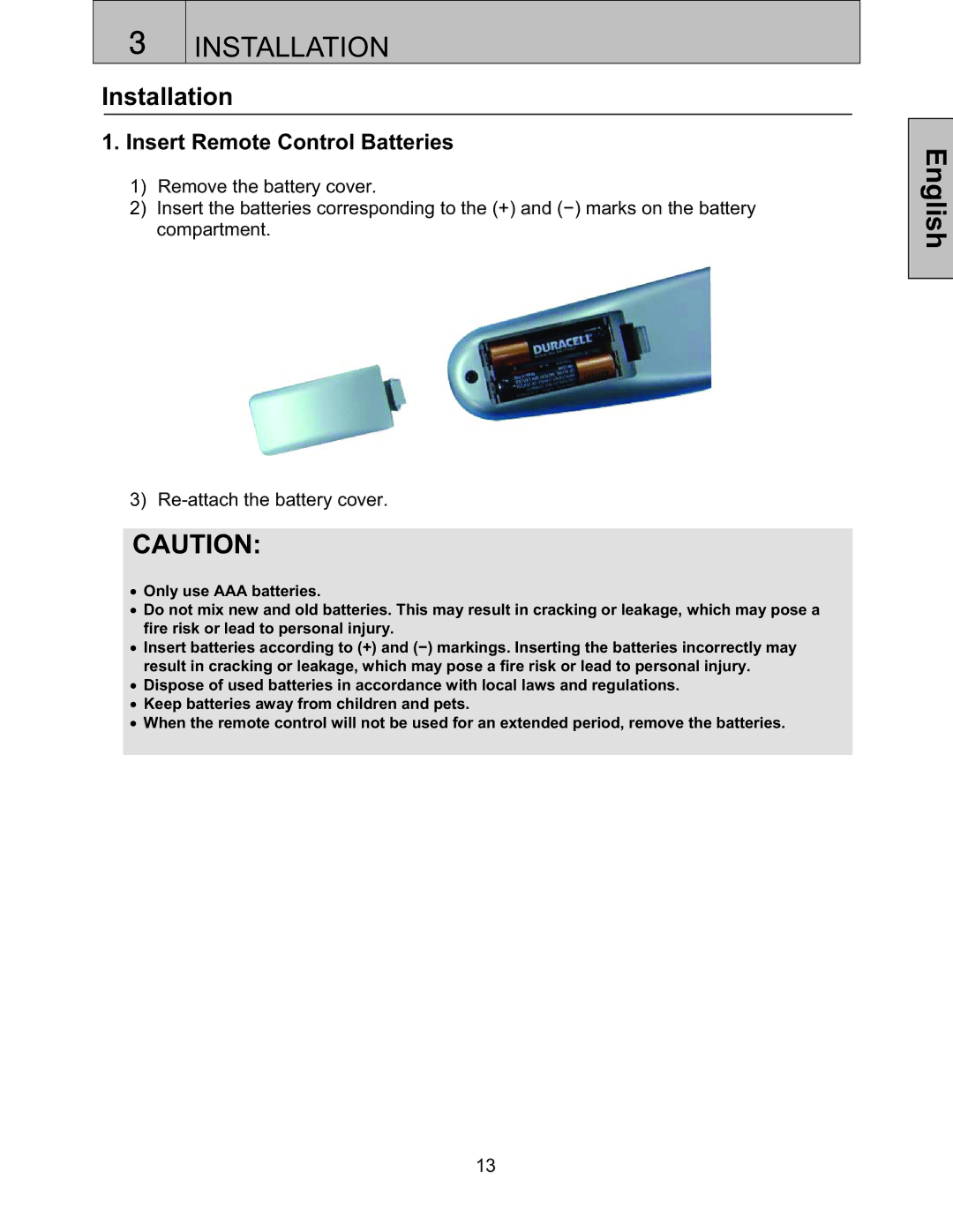 Westinghouse LTV27W6, LTV-27w6 HD user manual Installation, Insert Remote Control Batteries 