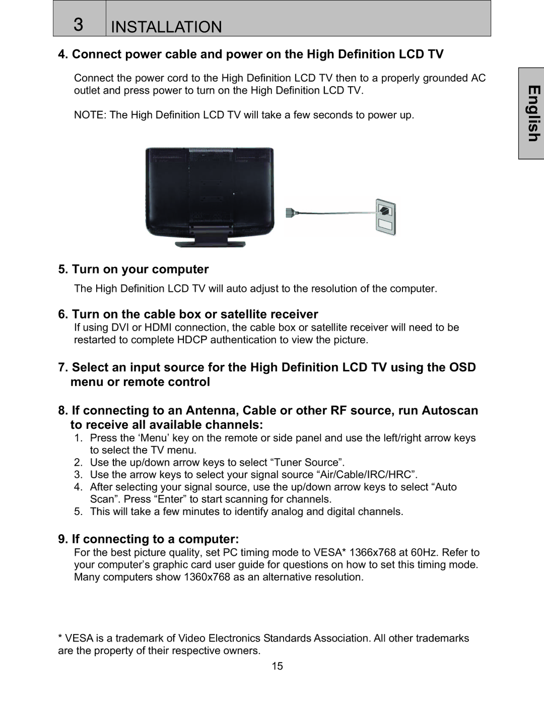 Westinghouse LTV27W6, LTV-27w6 HD Connect power cable and power on the High Definition LCD TV, Turn on your computer 