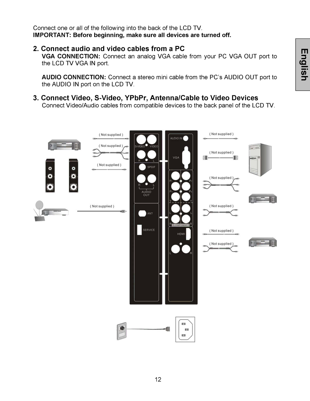 Westinghouse LTV-32w6, LTV-27w7 HD user manual Connect audio and video cables from a PC 