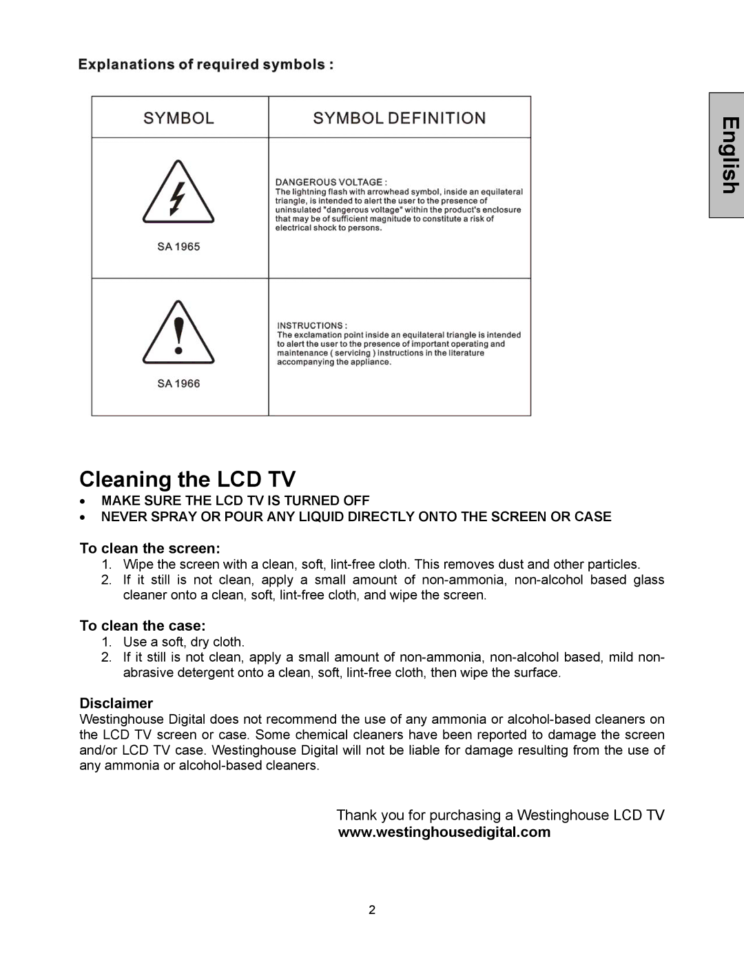 Westinghouse LTV-32w6, LTV-27w7 HD user manual To clean the screen, To clean the case, Disclaimer 