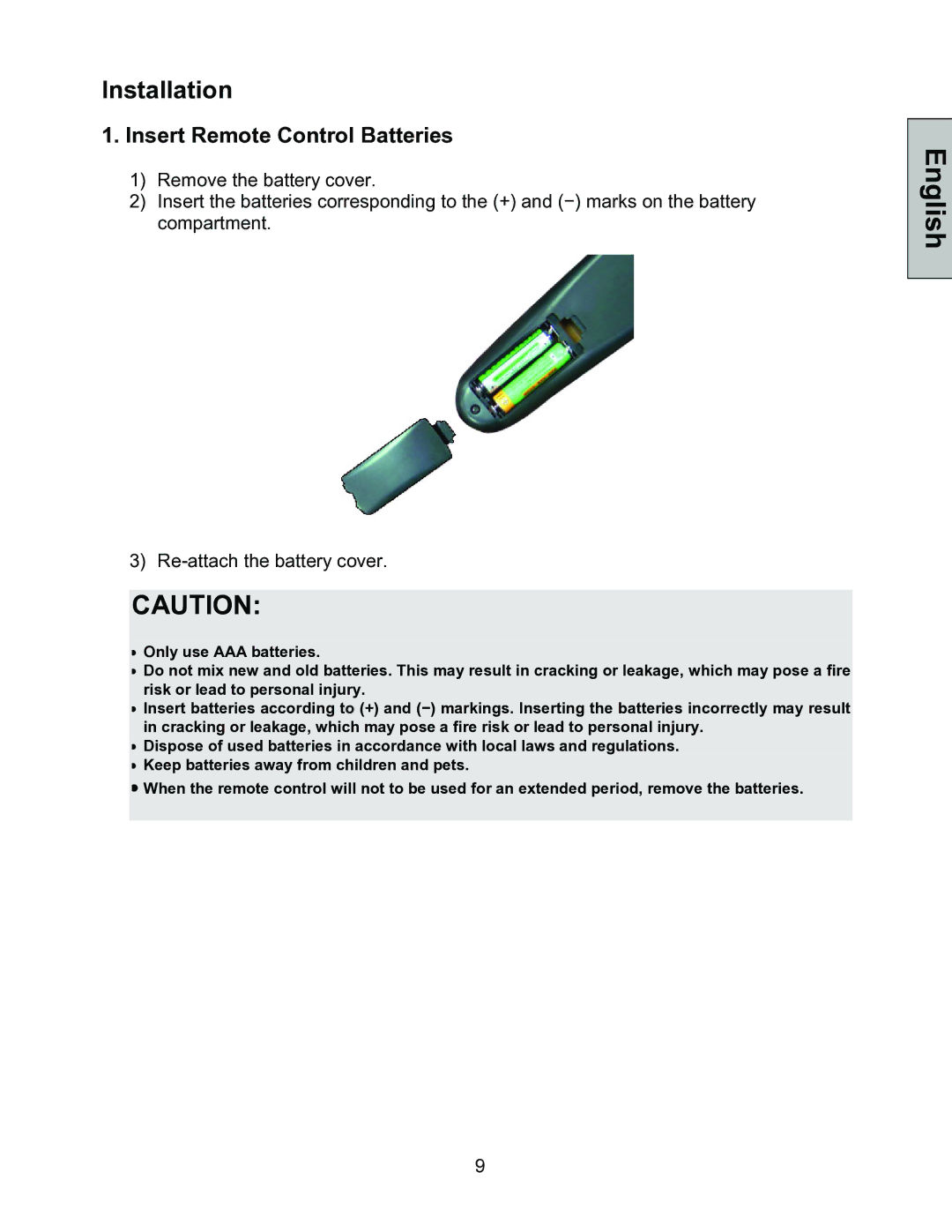 Westinghouse LTV-30w2 manual Installation, Insert Remote Control Batteries 