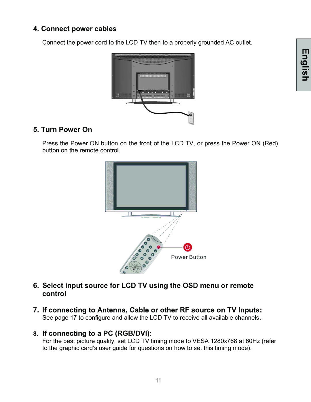 Westinghouse LTV-30w2 manual Connect power cables, Turn Power On, If connecting to a PC RGB/DVI 