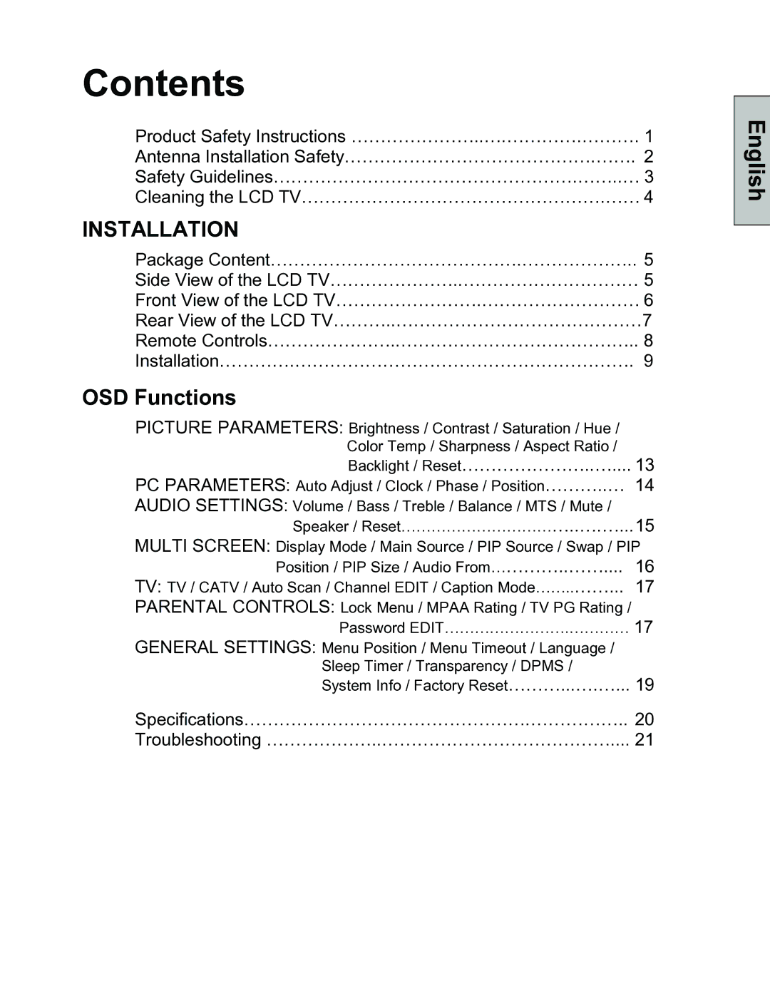 Westinghouse LTV-30w2 manual Contents 