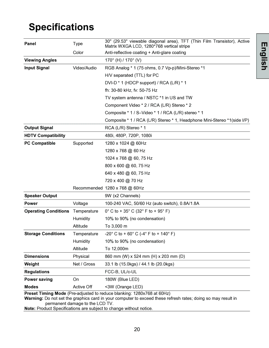 Westinghouse LTV-30w2 manual Specifications 